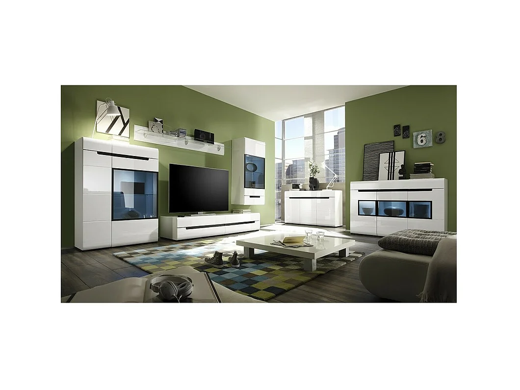 Móvel para TV 180cm Coleção LUCIA. 2 gavetas, cor branca, fachadas brilhantes. Estilo design.