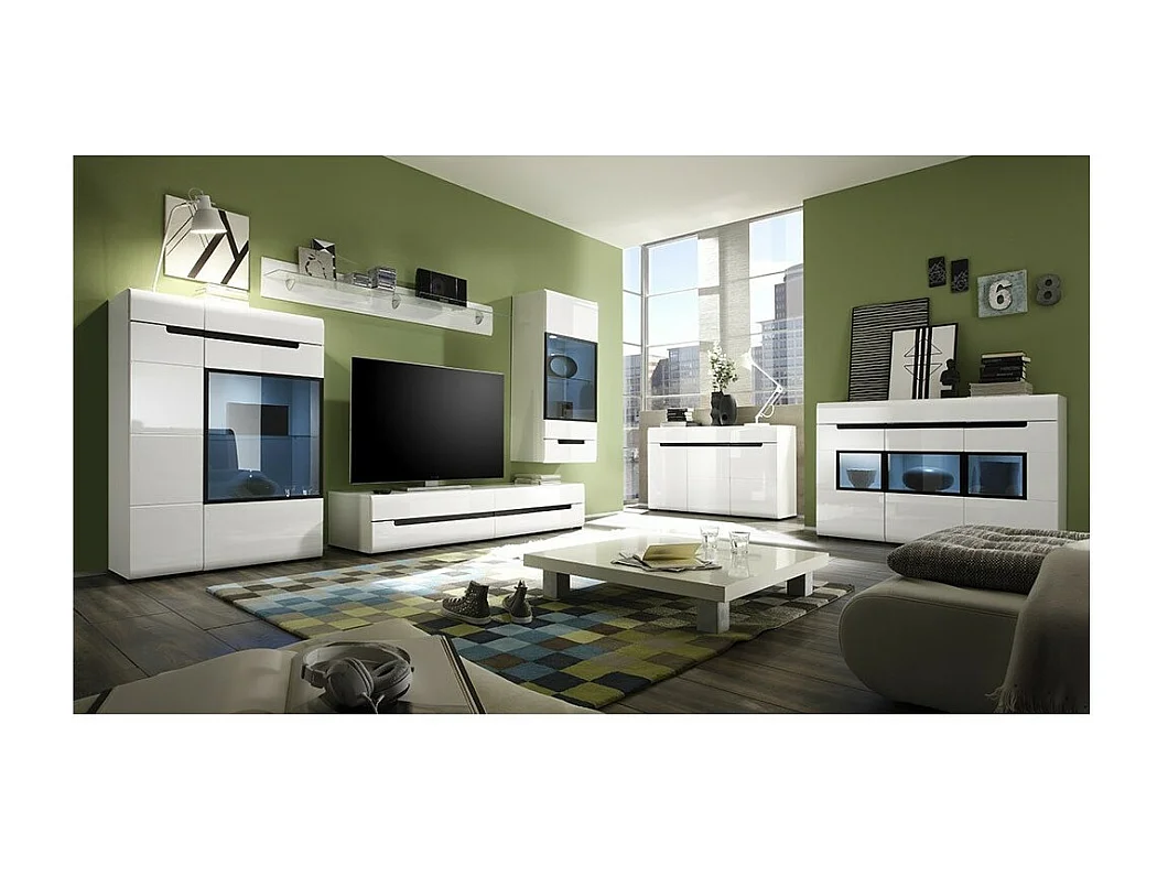 Meuble TV LUCIA avec 2 tiroirs - Blanc brillant - 180 x 34 x 50 cm