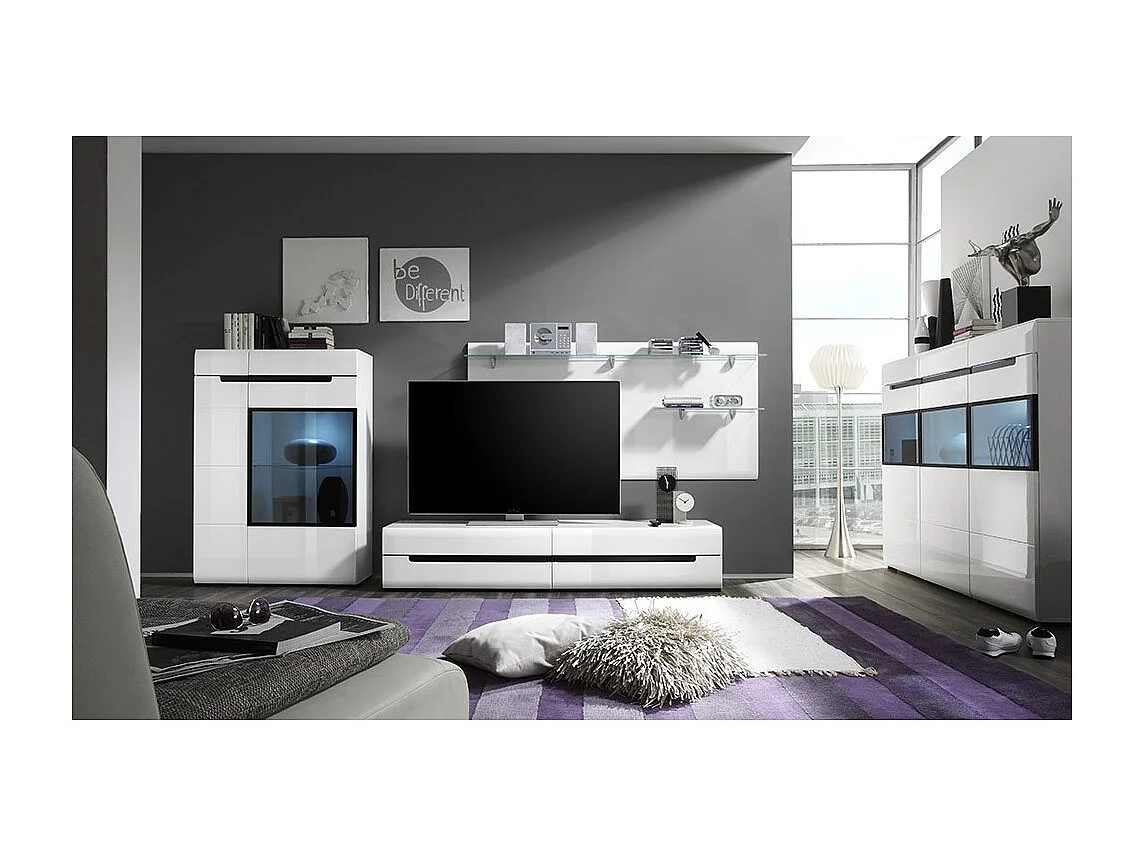 Meuble TV LUCIA avec 2 tiroirs - Blanc brillant - 180 x 34 x 50 cm