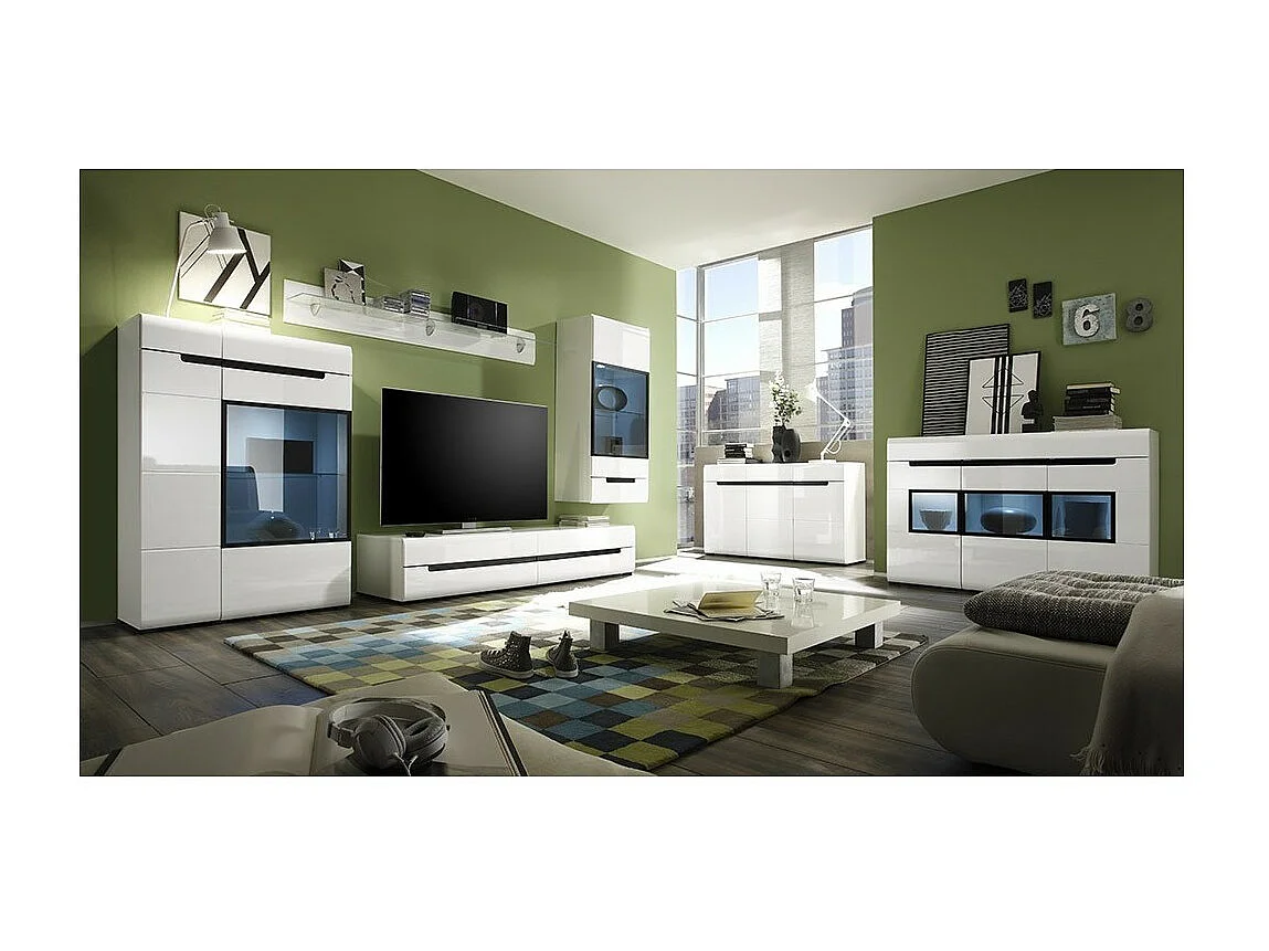 Meuble TV LUCIA avec 2 tiroirs - Blanc brillant - 180 x 34 x 50 cm
