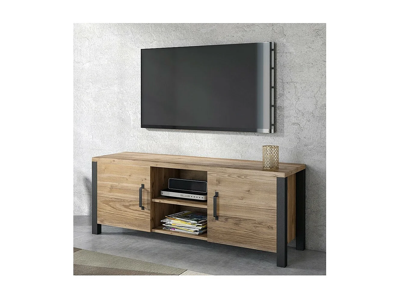 Meuble TV DARWIN – 150 cm en épicéa et noir mat