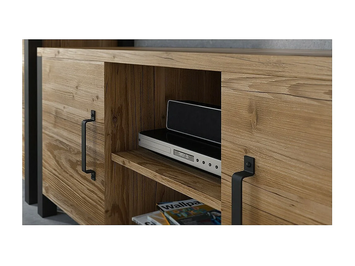 Meuble TV DARWIN – 150 cm en épicéa et noir mat