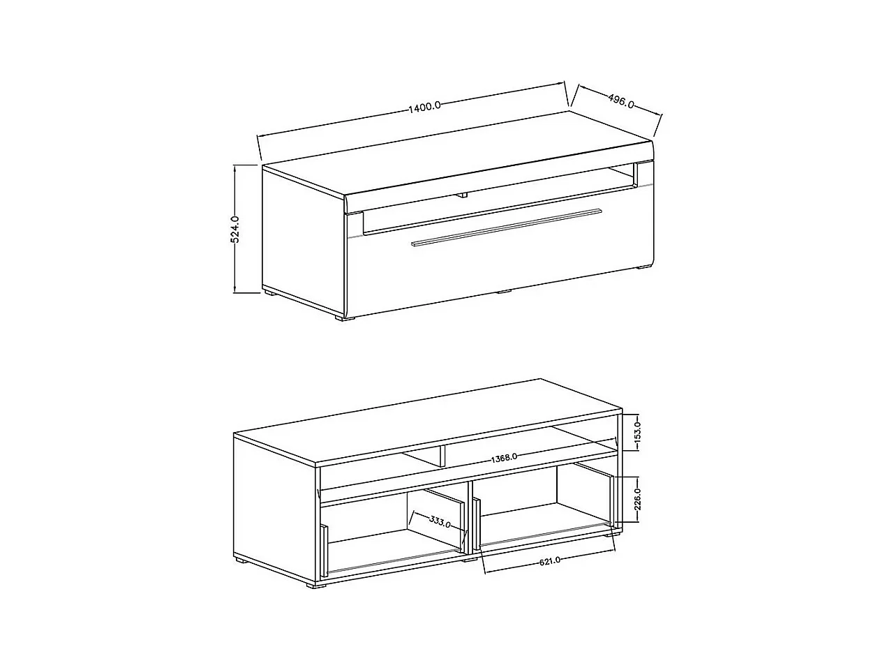 Tv-meubel 140 cm collectie BREDA. Kleuren mat wit en glanzend wit. Design stijl.
