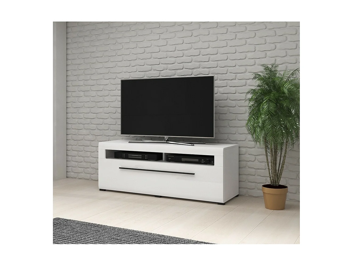 Tv-meubel 140 cm collectie BREDA. Kleuren mat wit en glanzend wit. Design stijl.