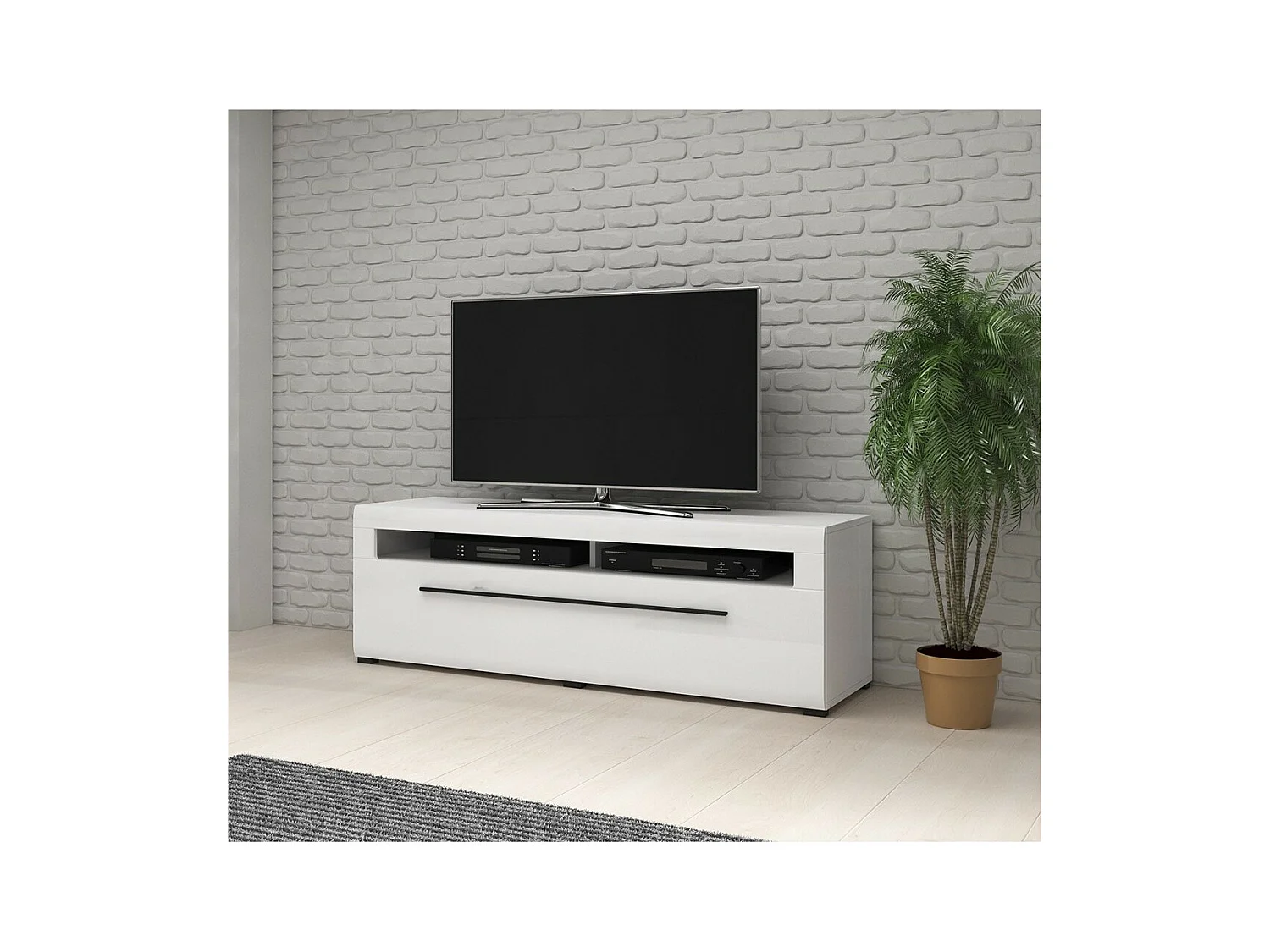 Móvel para TV XL 160cm coleção BREDA. Cores branco fosco e branco brilhante. Estilo design.