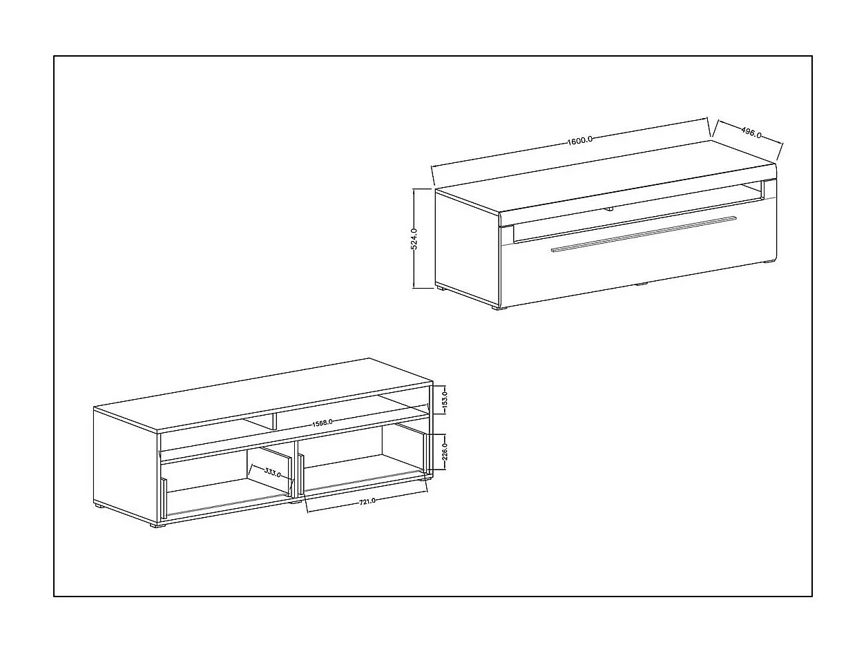 TV-meubel XL 160cm collectie BREDA. Kleuren mat wit en glanzend wit. Design stijl.