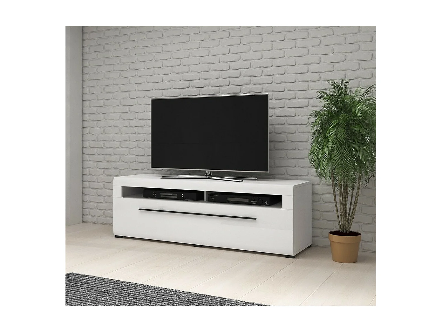 TV-meubel XL 160cm collectie BREDA. Kleuren mat wit en glanzend wit. Design stijl.
