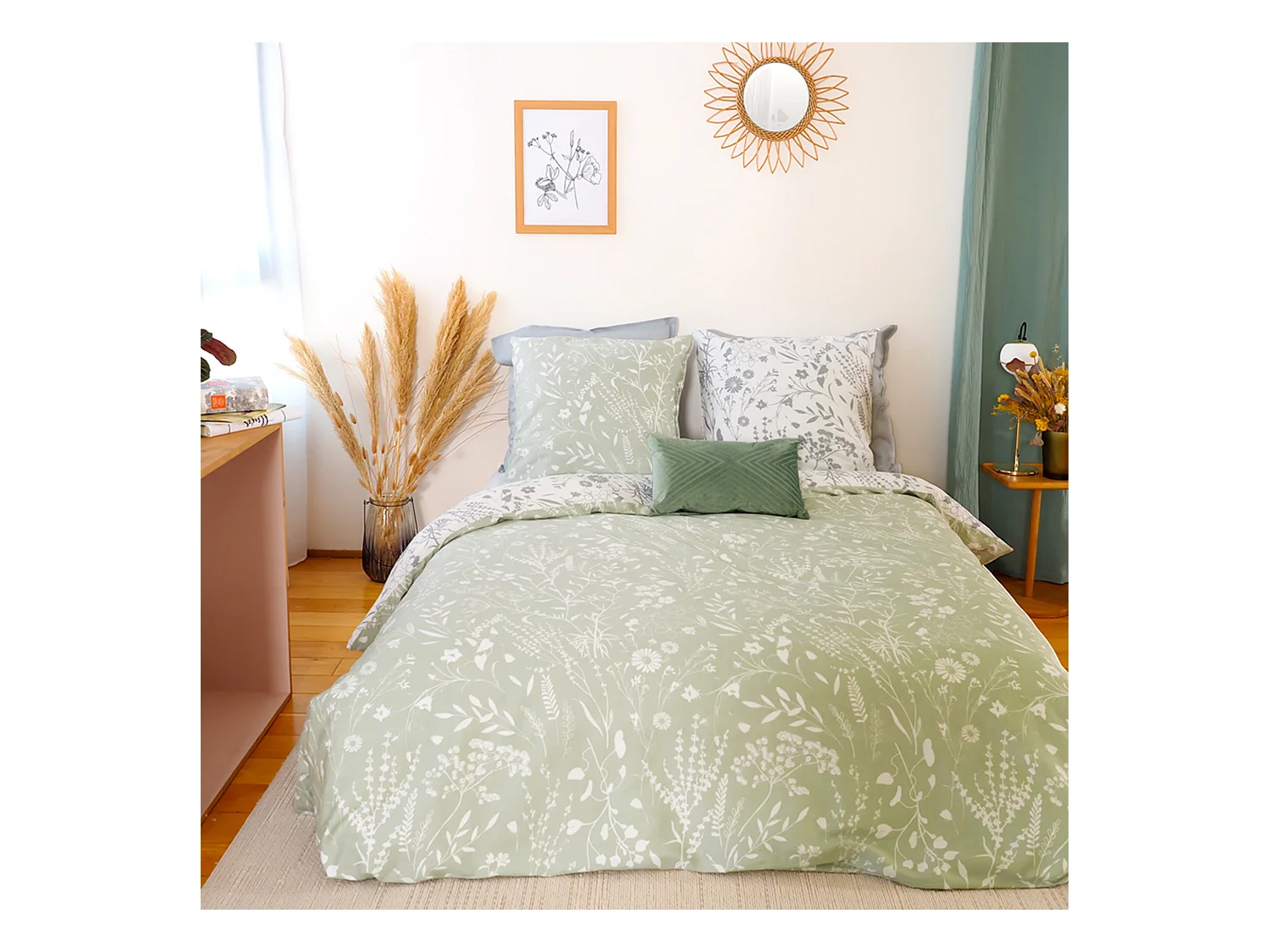 Parure de lit 240x220 cm Satin de coton SUSIE Vert 3 pièces