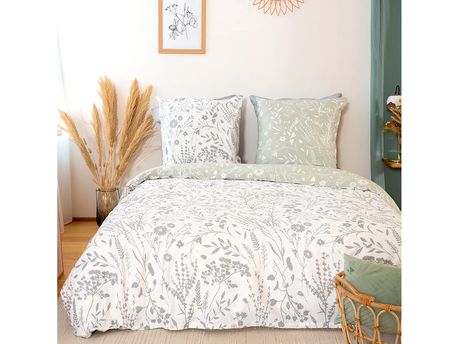 Parure de lit 240x220 cm Satin de coton SUSIE Vert 3 pièces