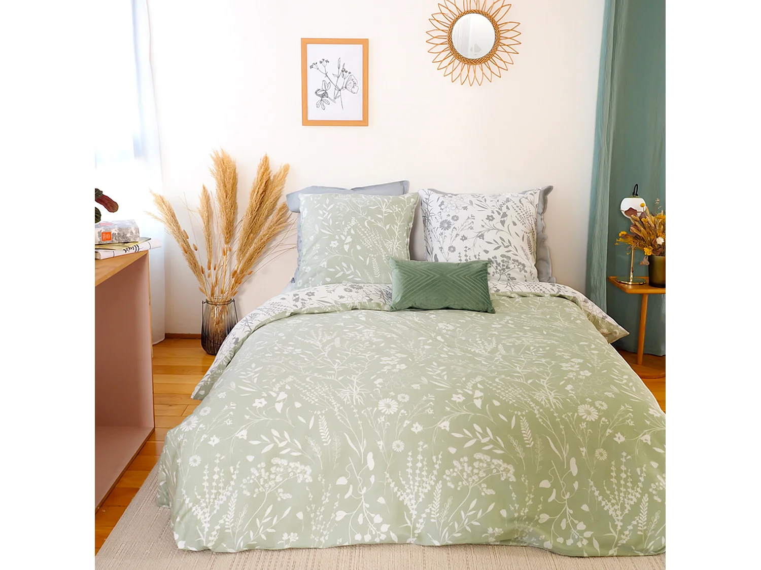 Parure de lit 260x240 cm Satin de coton SUSIE Vert 3 pièces