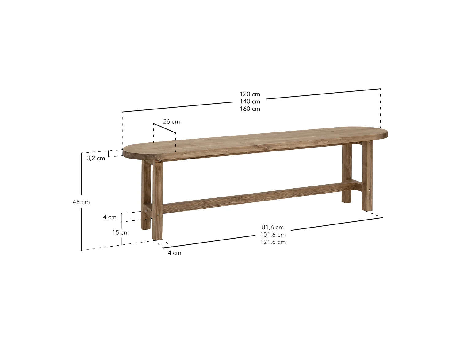 Banco de madera de abeto ovalado Decowood para interiores en color nogal de 140x45cm - OLIVIA - DECOWOOD