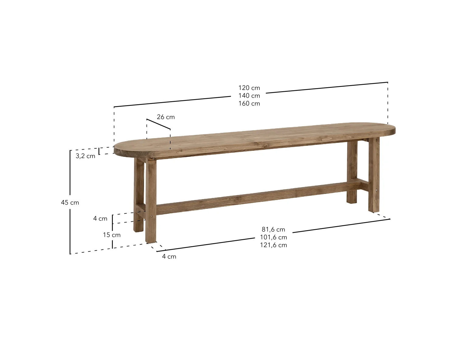 Panca ovale in legno masello in tono noce 140x45cm - OLIVIA - DECOWOOD