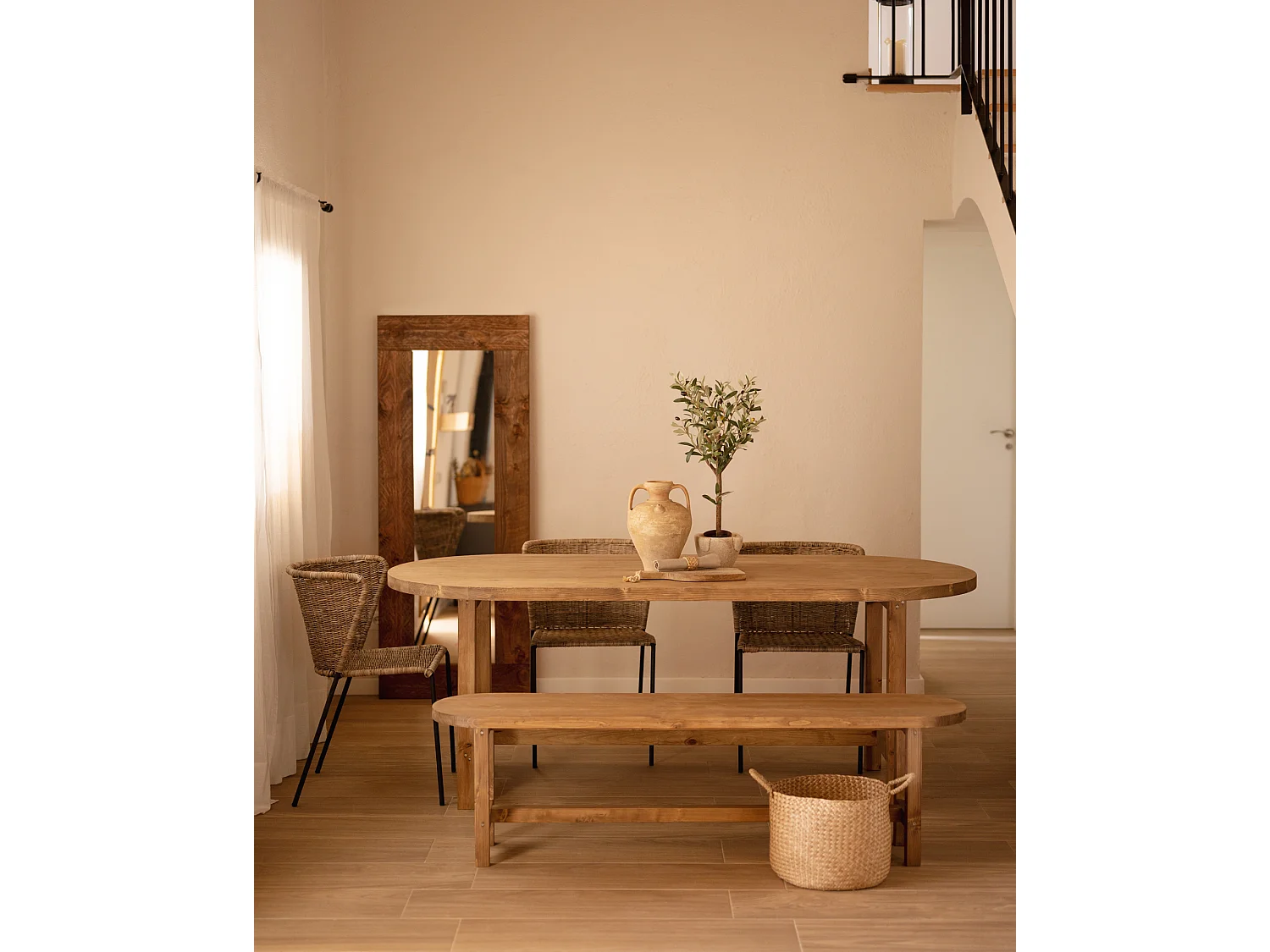 Panca ovale in legno masello in tono rovere scuro 160x45cm - OLIVIA - DECOWOOD