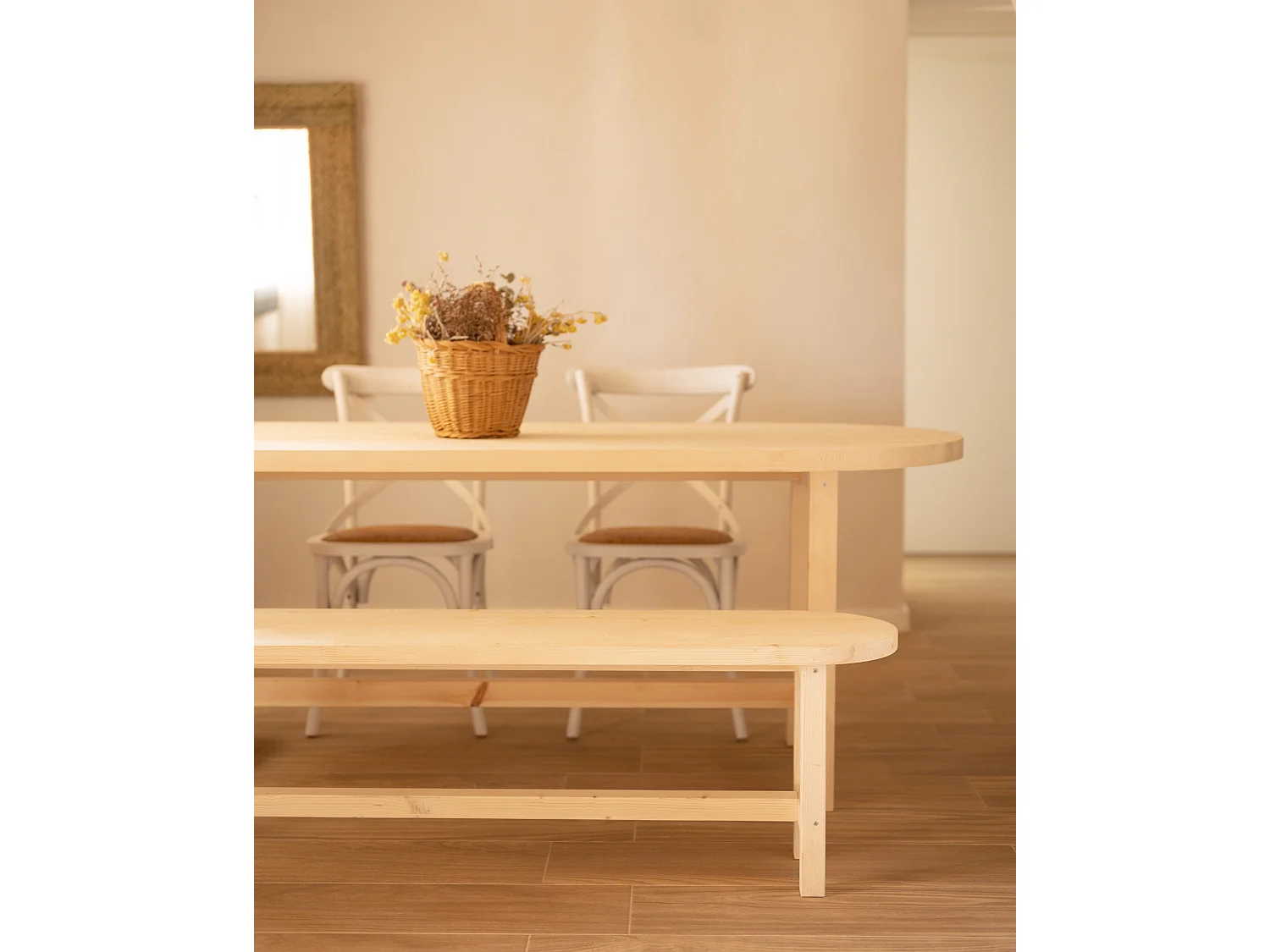 Banco de madera de abeto ovalado Decowood para interiores en color natural de 120x45cm - OLIVIA - DECOWOOD