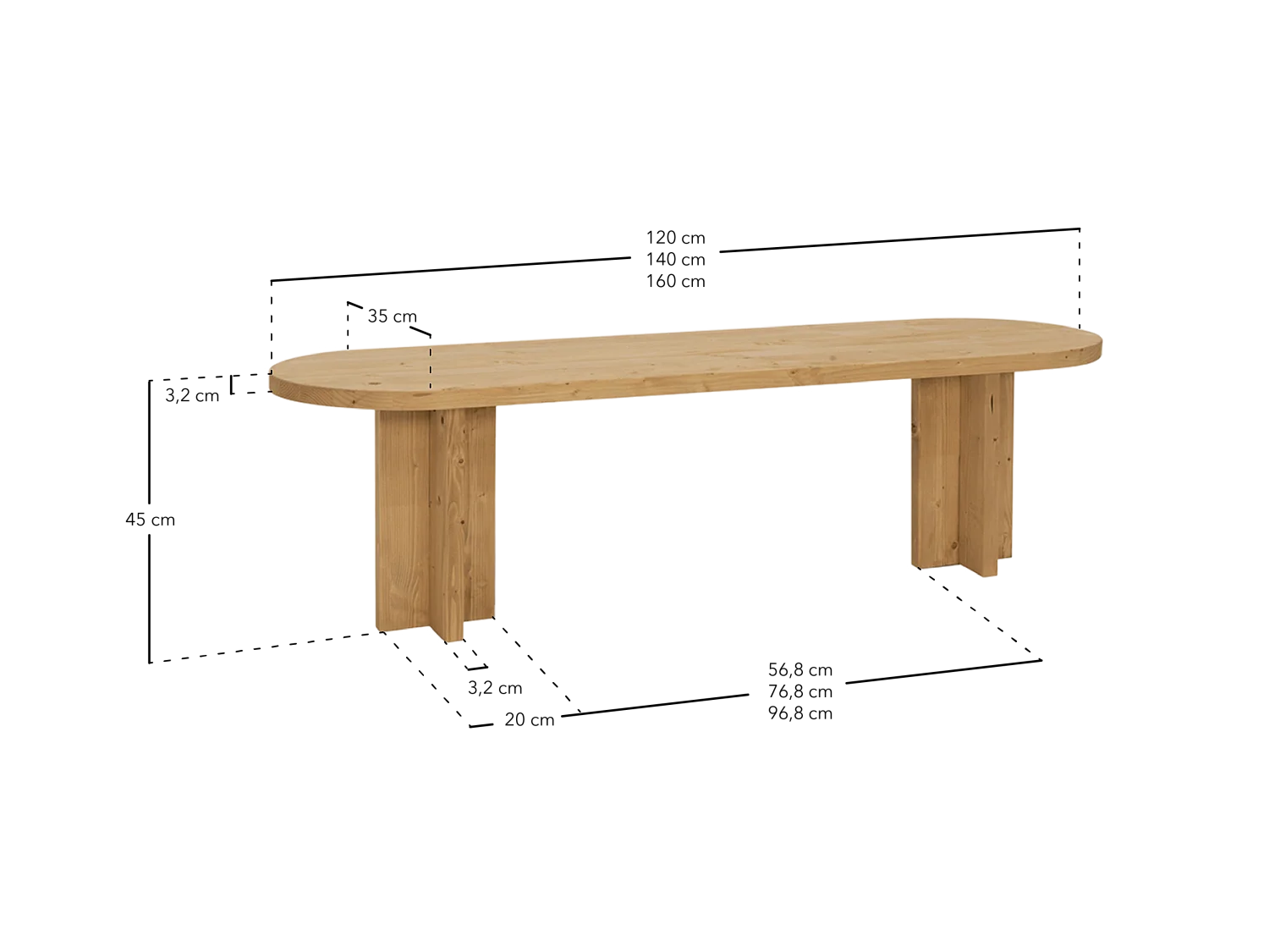 Panca ovale in legno masello in tono naturale 160x45cm - TOKYO - DECOWOOD