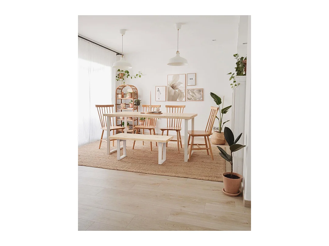 Banc en bois de pin et fer naturel et blanc 100x45cm