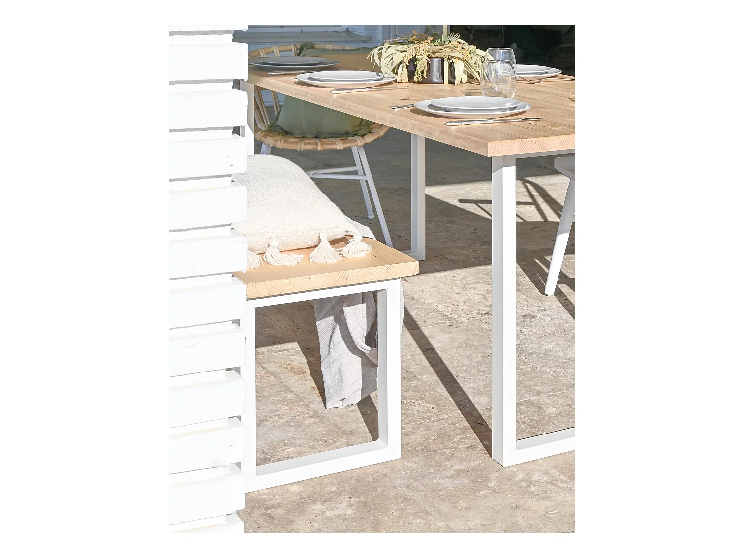 Banc en bois de pin et fer naturel et blanc 100x45cm