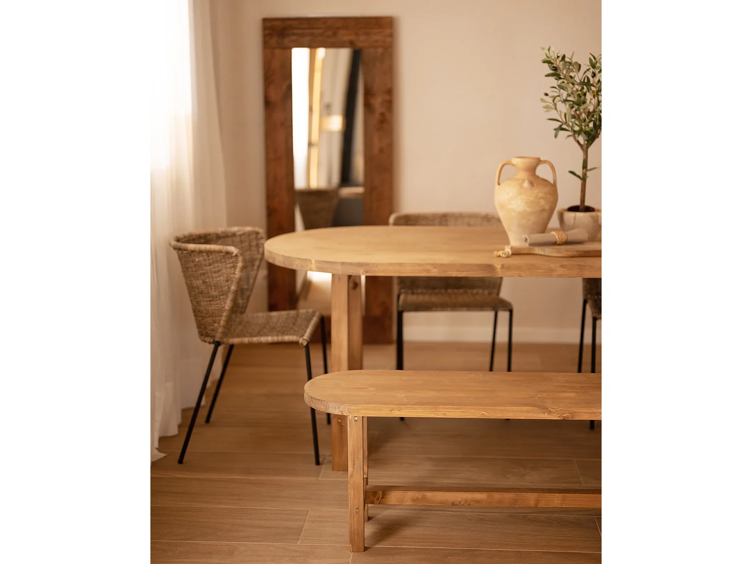 Panca ovale in legno masello in tono rovere scuro 140x45cm - OLIVIA - DECOWOOD