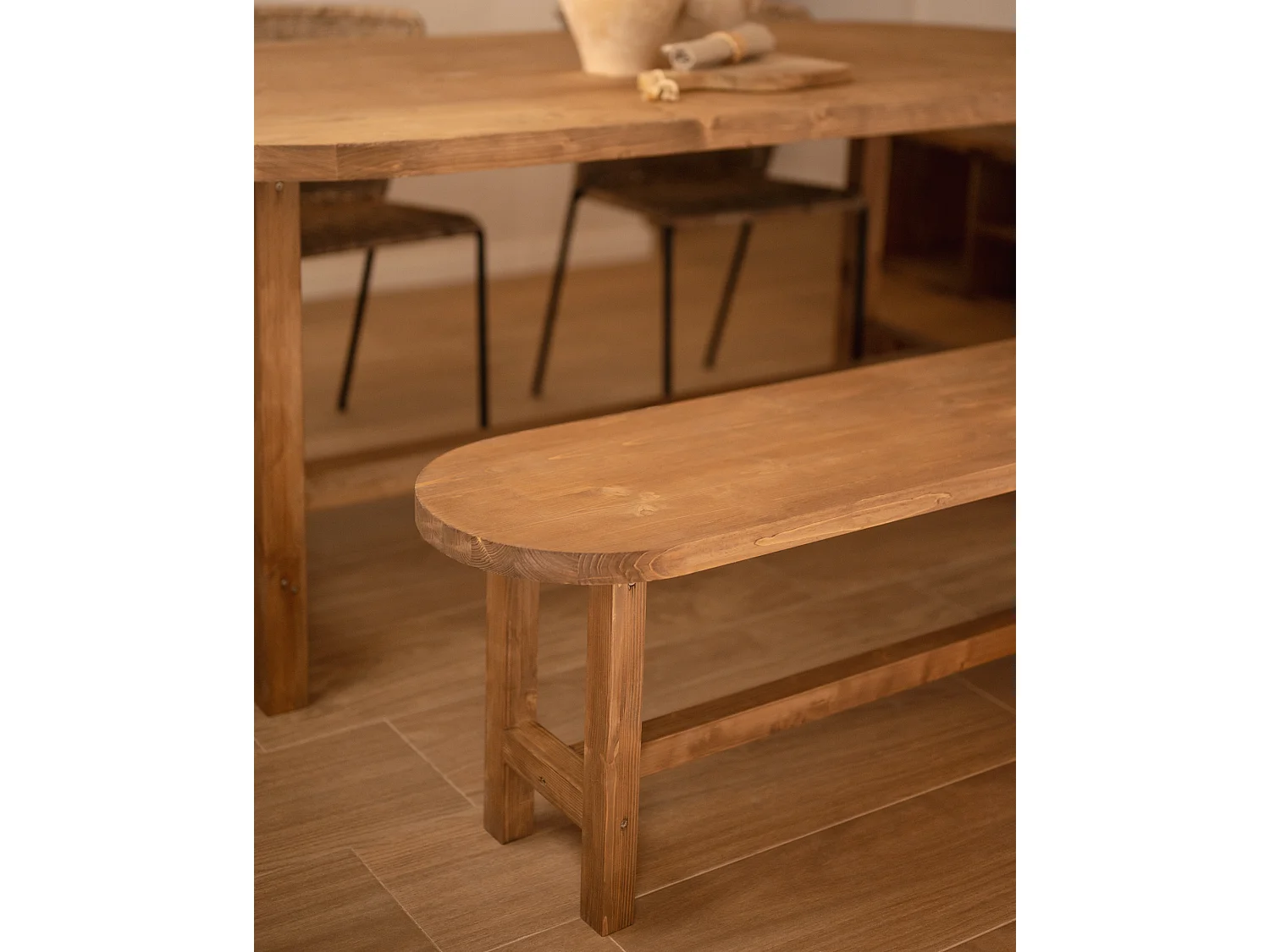 Panca ovale in legno masello in tono rovere scuro 140x45cm - OLIVIA - DECOWOOD