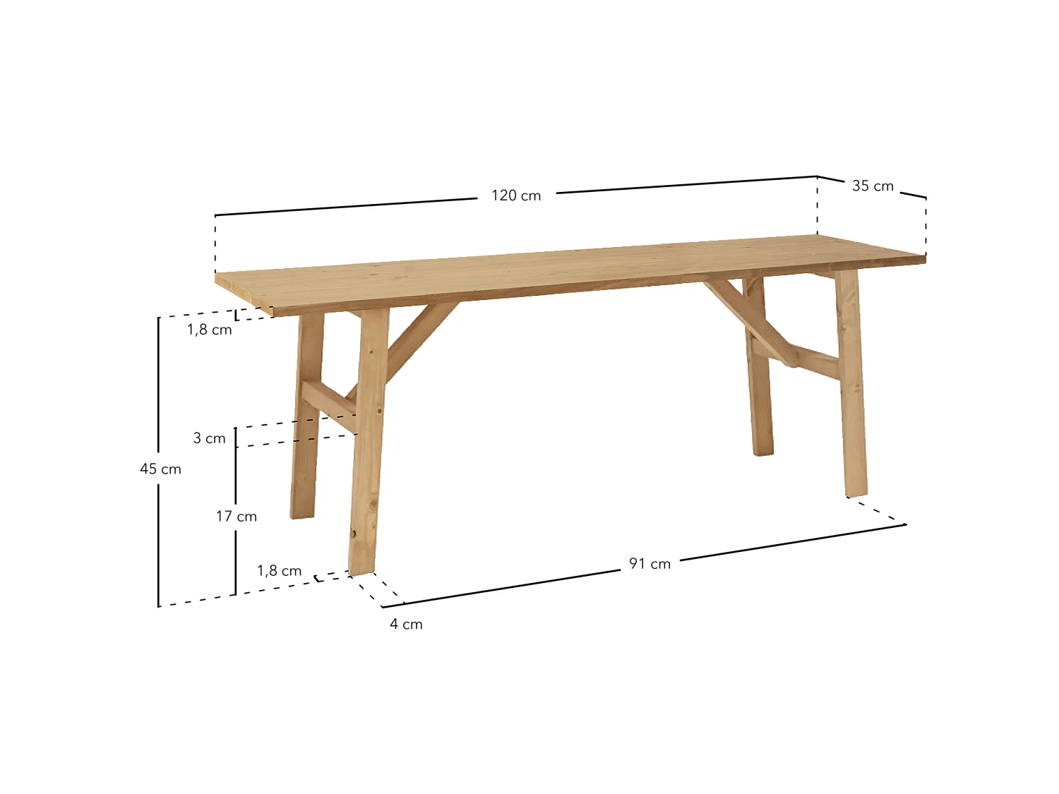 Panca decorativa in legno massello in tono naturale 120x45cm - SIEP - DECOWOOD