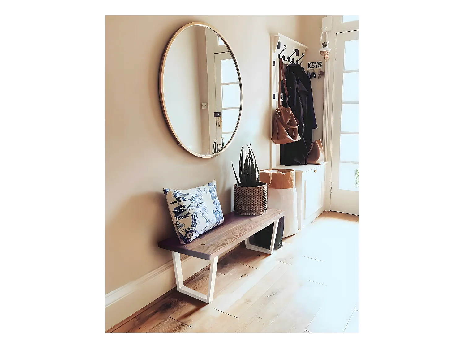 Banco de madera de pino rectangular Decowood para interiores en color roble oscuro con patas de hierro blancas de 160cm estilo industrial - GALA - DECOWOOD