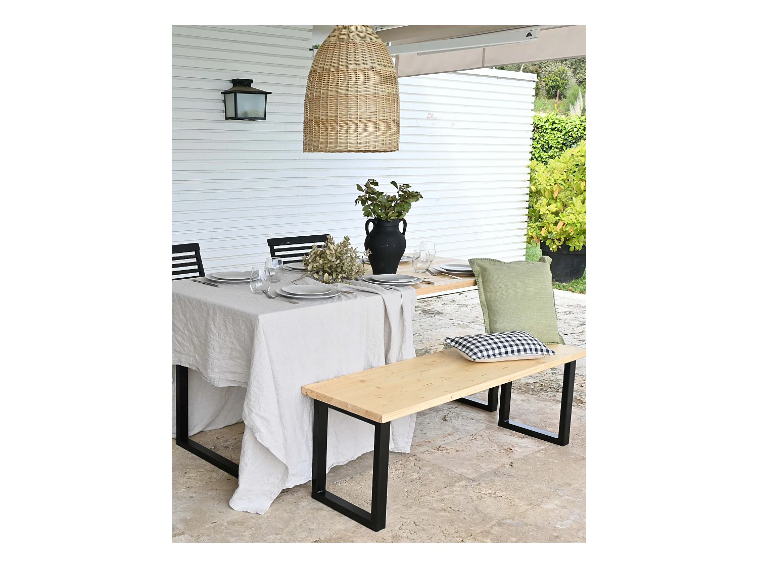 Banc en bois de pin et fer naturel et noir 100x45cm