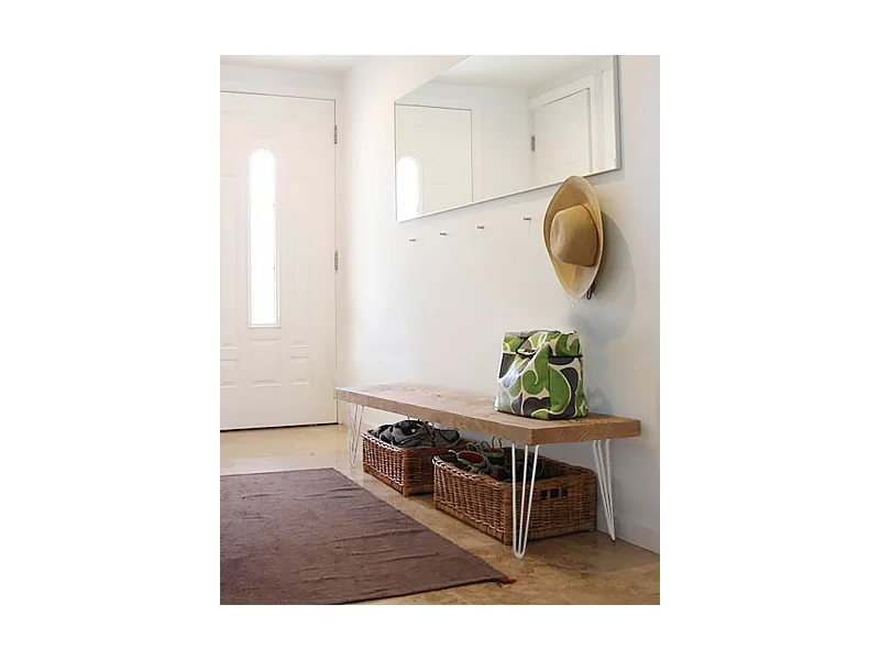 Banco de madera de pino rectangular Decowood para interiores en color roble oscuro con patas de hierro blancas de 160cm estilo industrial - NOA - DECOWOOD