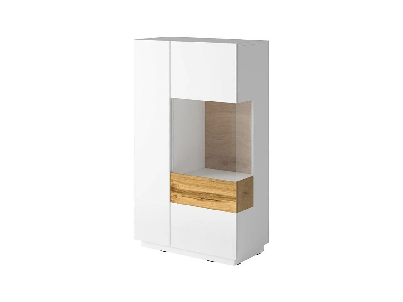 Buffet alto com LED da coleção KILES de duas portas. Cor branca e carvalho. Porta de vidro à direita.