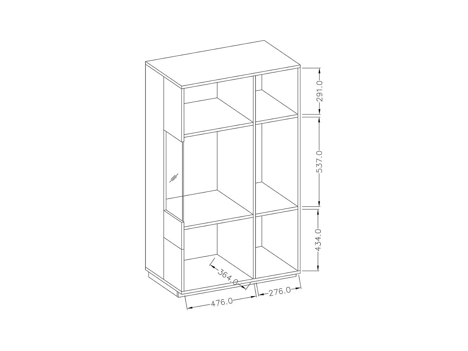 Buffet alto com LED da coleção KILES de duas portas. Cor branca e carvalho. Porta de vidro à direita.