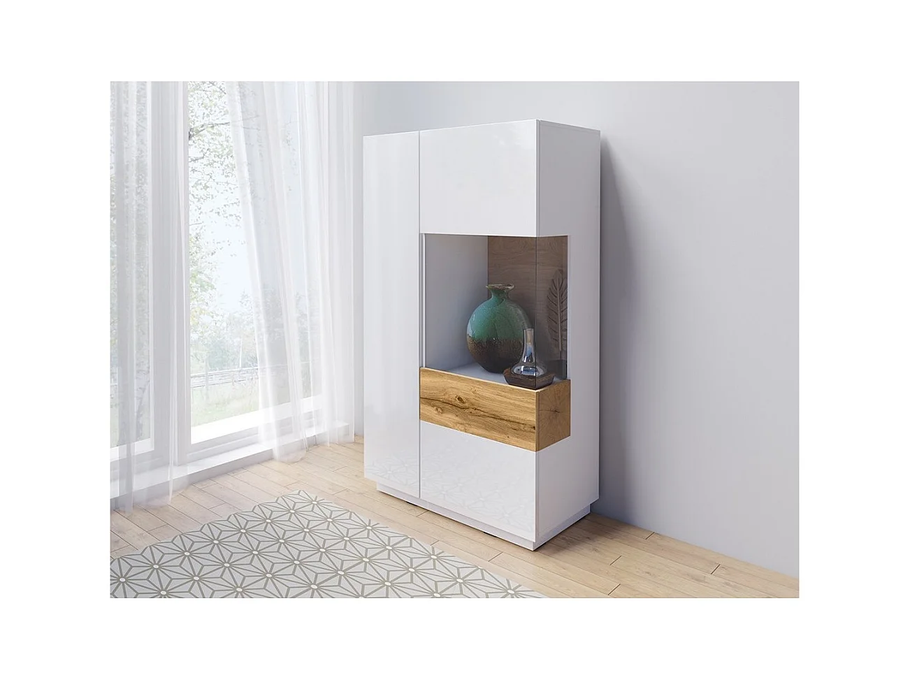 Buffet alto com LED da coleção KILES de duas portas. Cor branca e carvalho. Porta de vidro à direita.