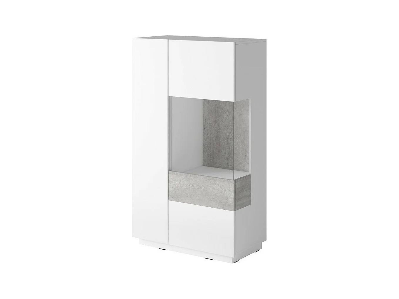 Buffet haut avec LED collection KILES deux portes. Coloris blanc et gris béton. Porte vitrée à droite