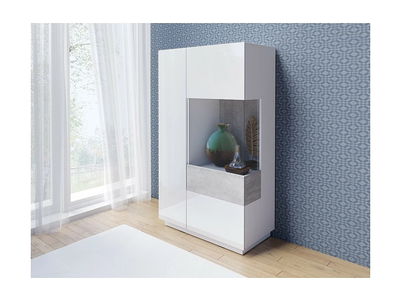 Buffet haut avec LED collection KILES deux portes. Coloris blanc et gris béton. Porte vitrée à droite