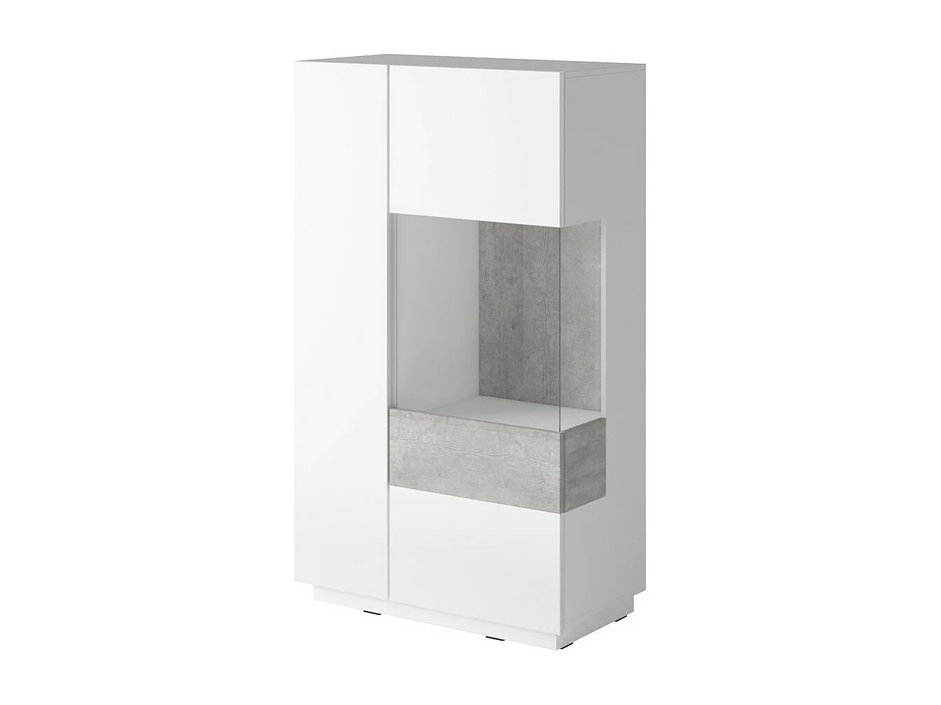Buffet haut avec LED collection KILES deux portes. Coloris blanc et gris béton. Porte vitrée à droite