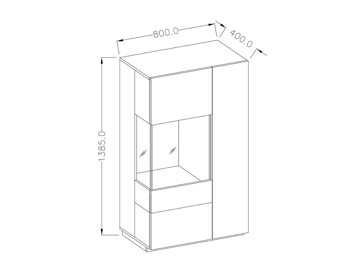 Buffet haut avec LED collection KILES deux portes. Coloris blanc et gris béton. Porte vitrée à droite
