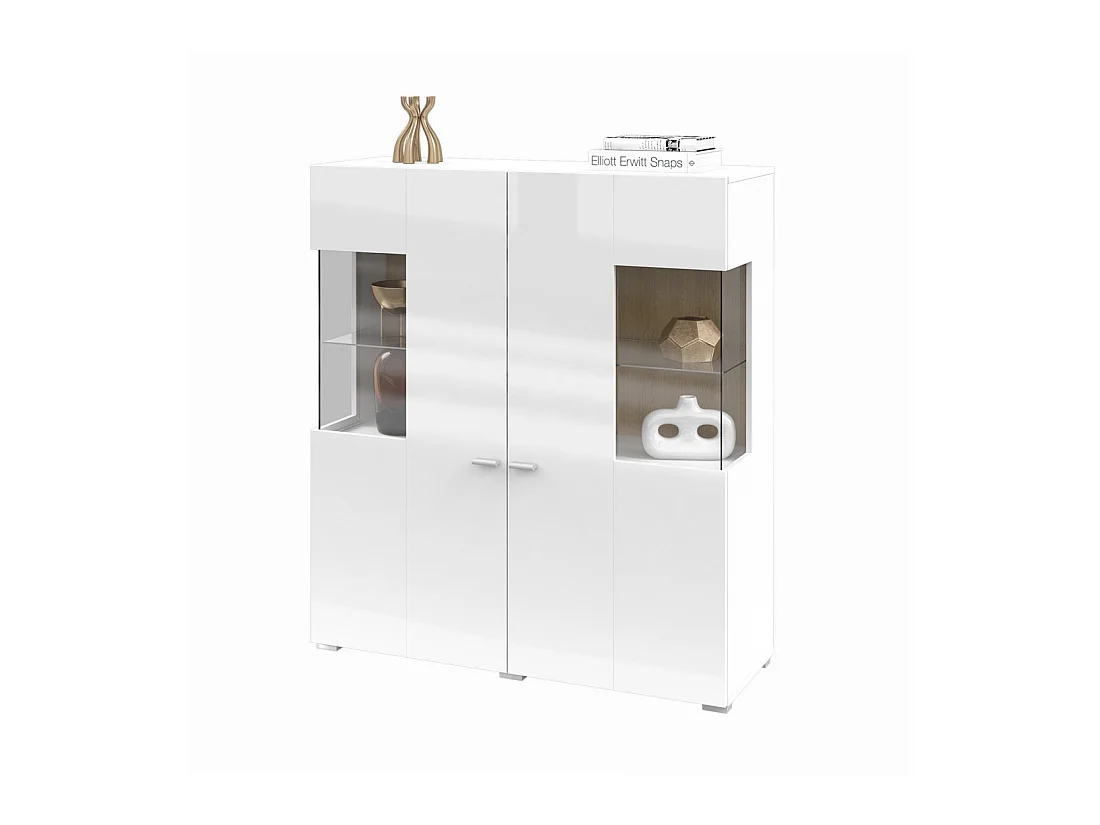 Hoge buffetkast collectie KOBEE met 2 glazen deuren en geïntegreerde LED. Kleur wit en eiken.