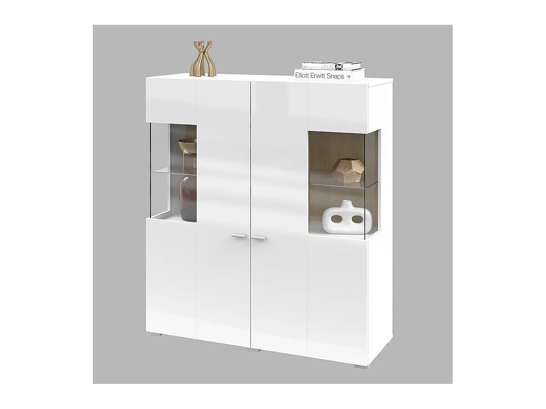 Hoge buffetkast collectie KOBEE met 2 glazen deuren en geïntegreerde LED. Kleur wit en eiken.
