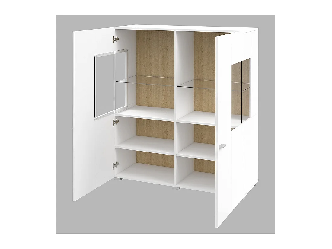 Hoge buffetkast collectie KOBEE met 2 glazen deuren en geïntegreerde LED. Kleur wit en eiken.