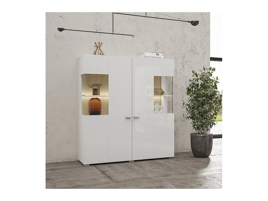 Hoge buffetkast collectie KOBEE met 2 glazen deuren en geïntegreerde LED. Kleur wit en eiken.