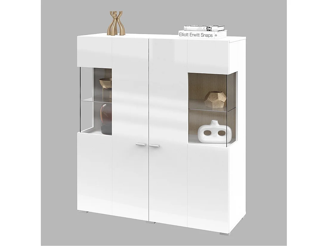 Hoge buffetkast collectie KOBEE met 2 glazen deuren en geïntegreerde LED. Kleur wit en eiken.