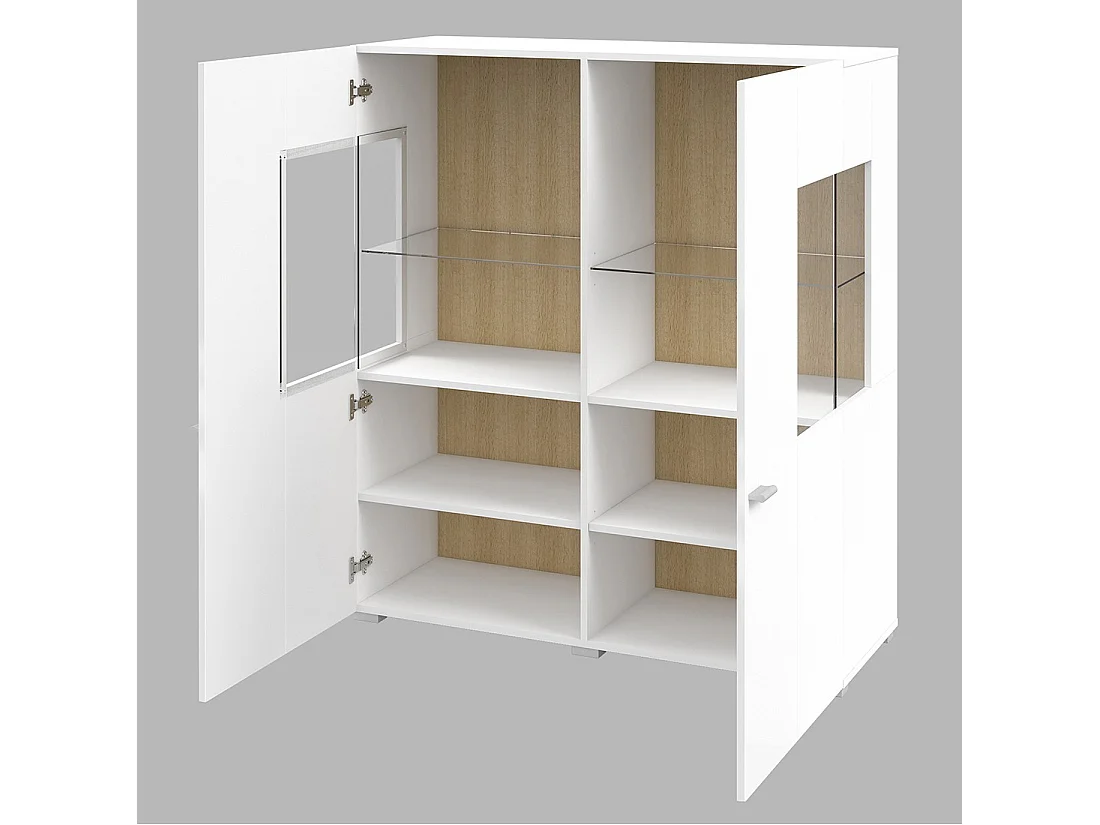 Hoge buffetkast collectie KOBEE met 2 glazen deuren en geïntegreerde LED. Kleur wit en eiken.