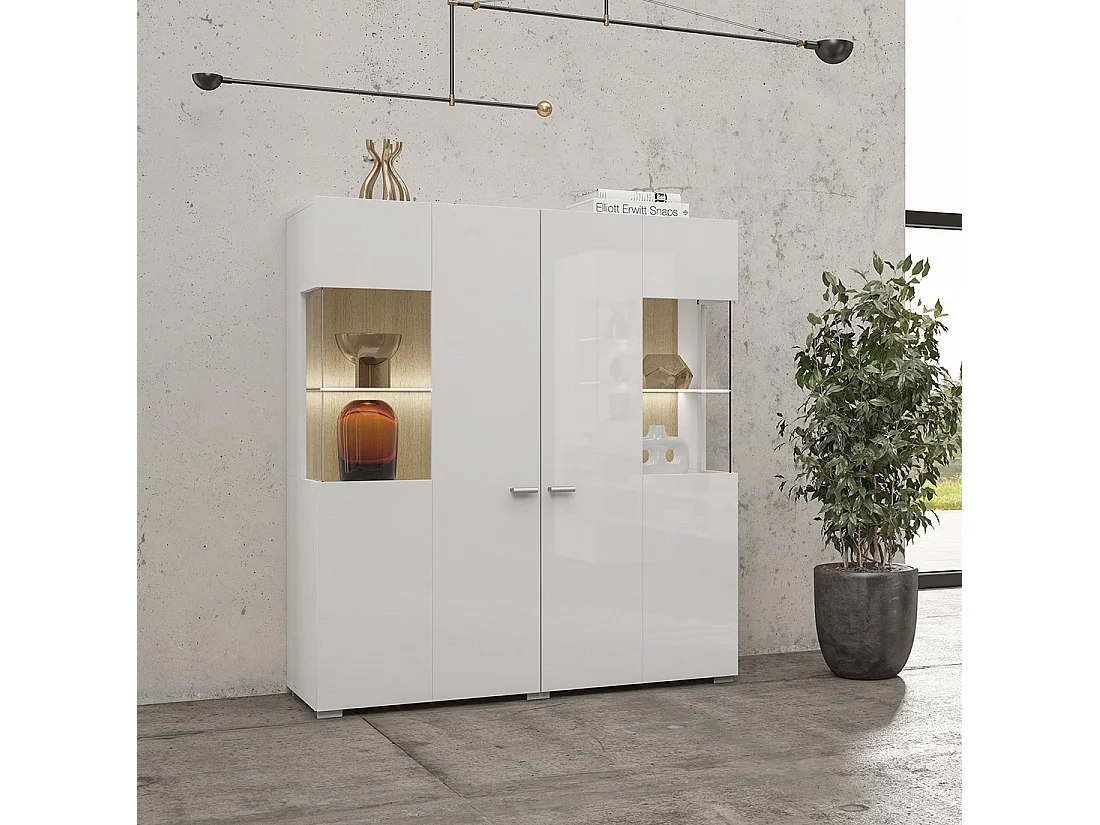 Hoge buffetkast collectie KOBEE met 2 glazen deuren en geïntegreerde LED. Kleur wit en eiken.