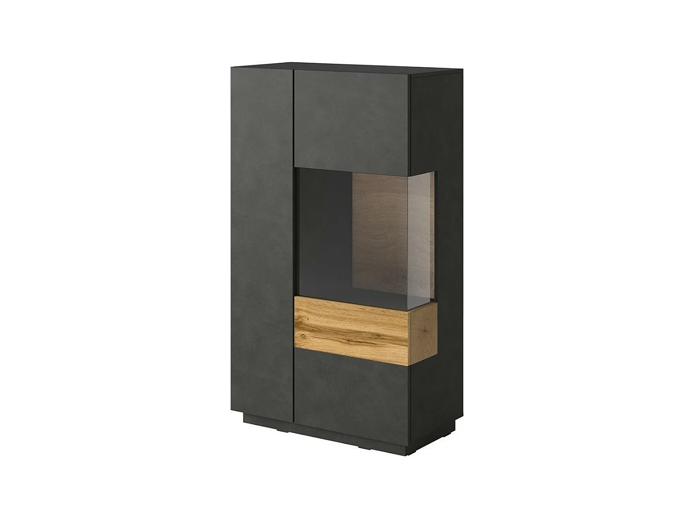 Hoge buffetkast met LED uit de KILES collectie met twee deuren. Kleur antracietgrijs en eiken. Glazen deur aan de rechterkant.