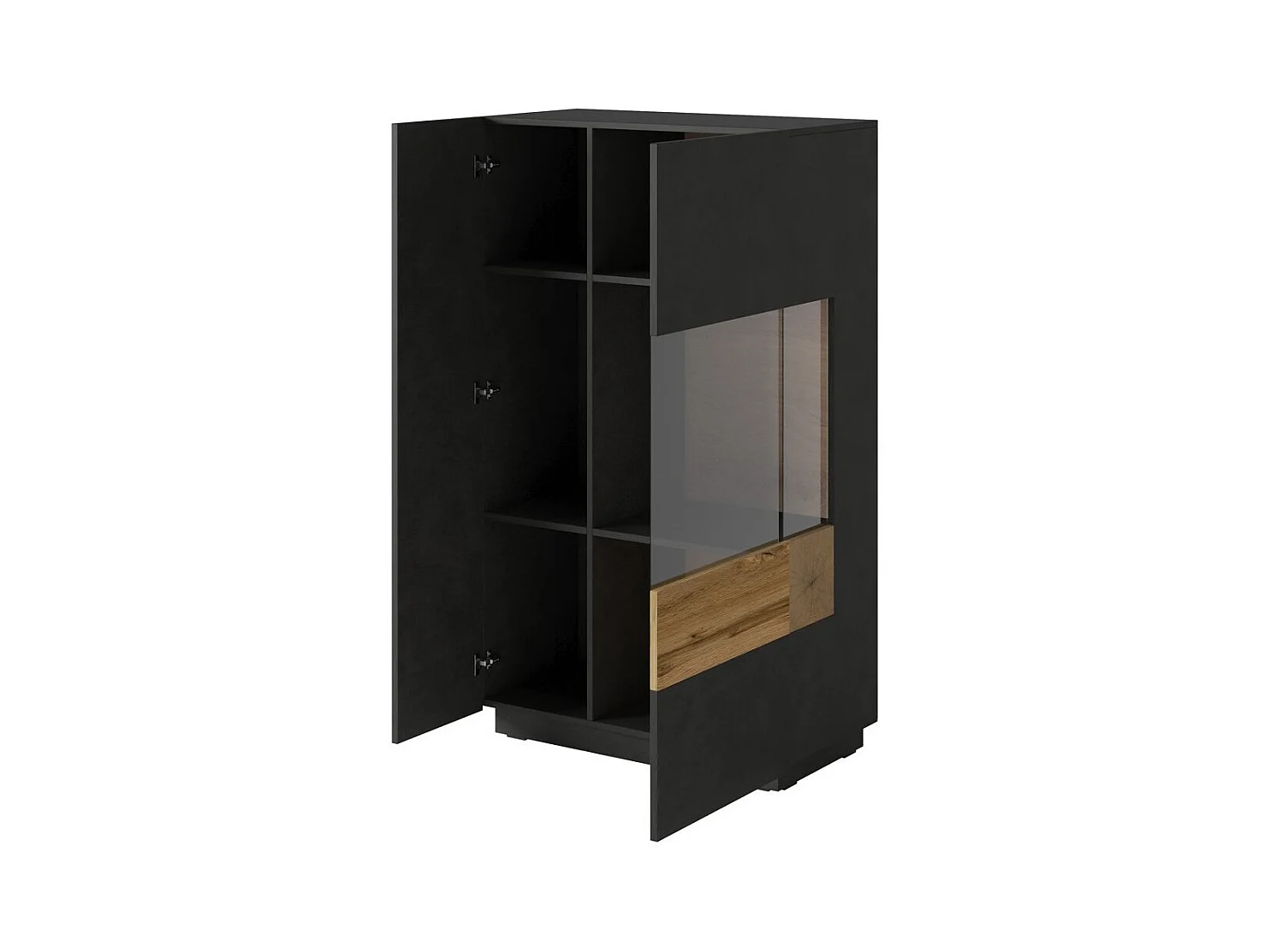 Hoge buffetkast met LED uit de KILES collectie met twee deuren. Kleur antracietgrijs en eiken. Glazen deur aan de rechterkant.