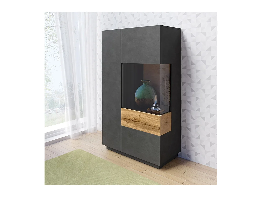 Hoge buffetkast met LED uit de KILES collectie met twee deuren. Kleur antracietgrijs en eiken. Glazen deur aan de rechterkant.