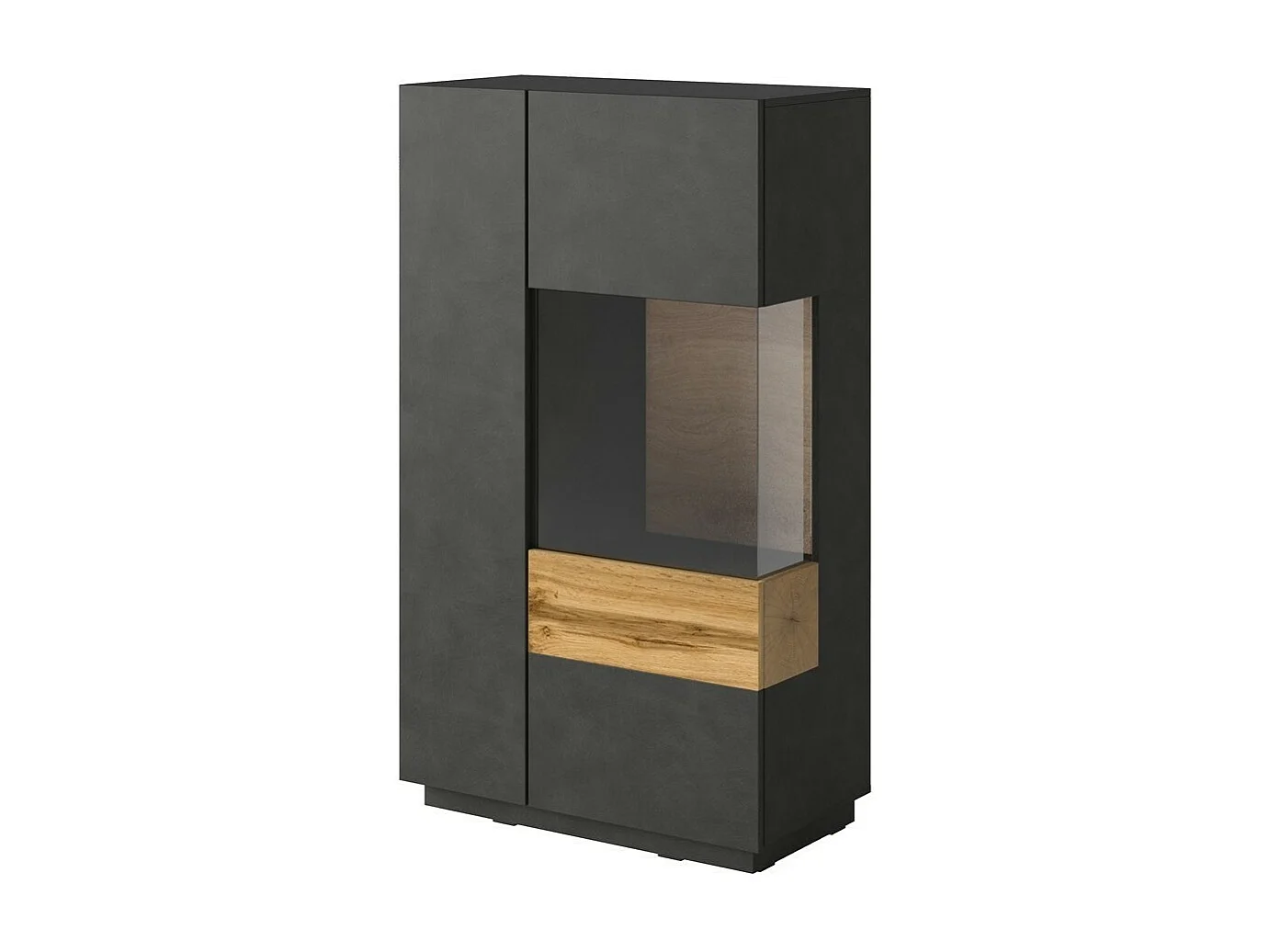 Buffet haut avec LED collection KILES deux portes. Coloris gris anthracite et chêne. Porte vitrée à droite