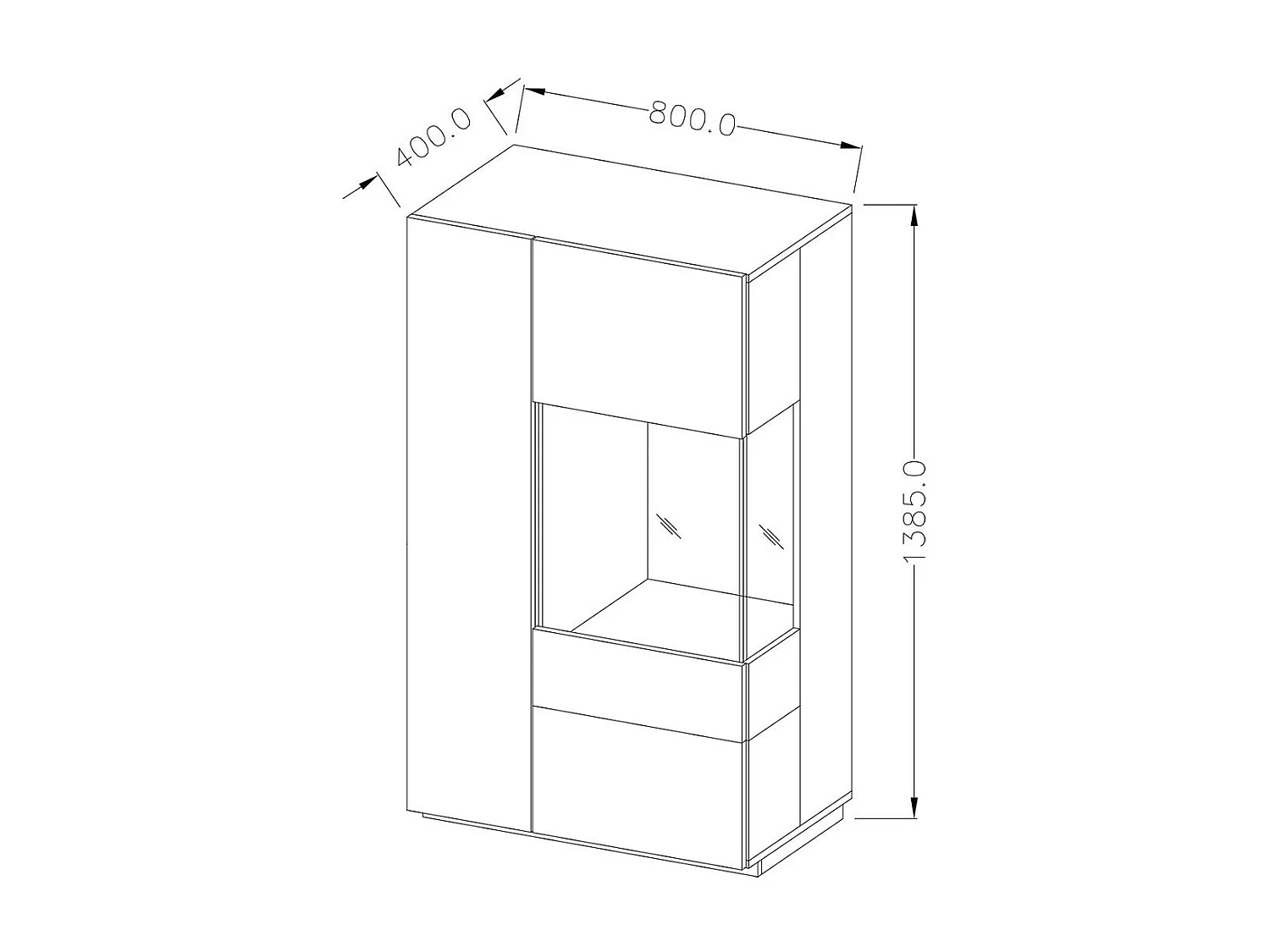 Buffet haut avec LED collection KILES deux portes. Coloris gris anthracite et chêne. Porte vitrée à droite