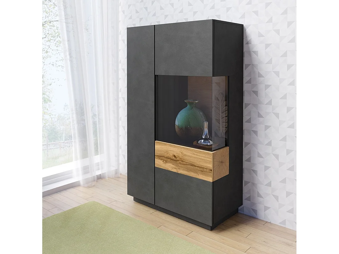 Buffet haut avec LED collection KILES deux portes. Coloris gris anthracite et chêne. Porte vitrée à droite