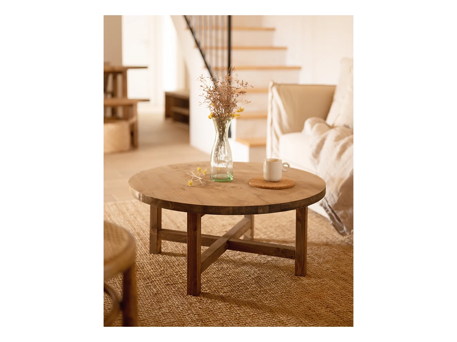 Mesa de centro redonda de madera de abeto Decowood en color roble oscuro de Ø60cm - OLIVIA - DECOWOOD