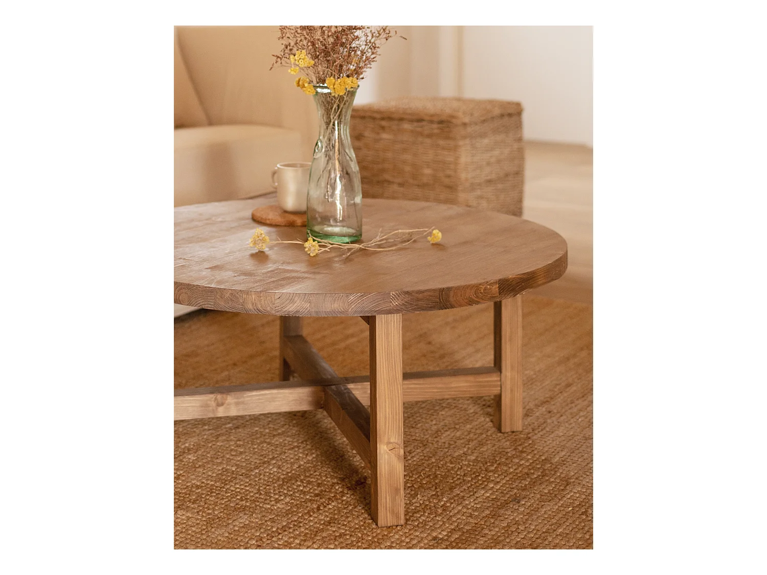 Mesa de centro redonda de madera de abeto Decowood en color roble oscuro de Ø60cm - OLIVIA - DECOWOOD