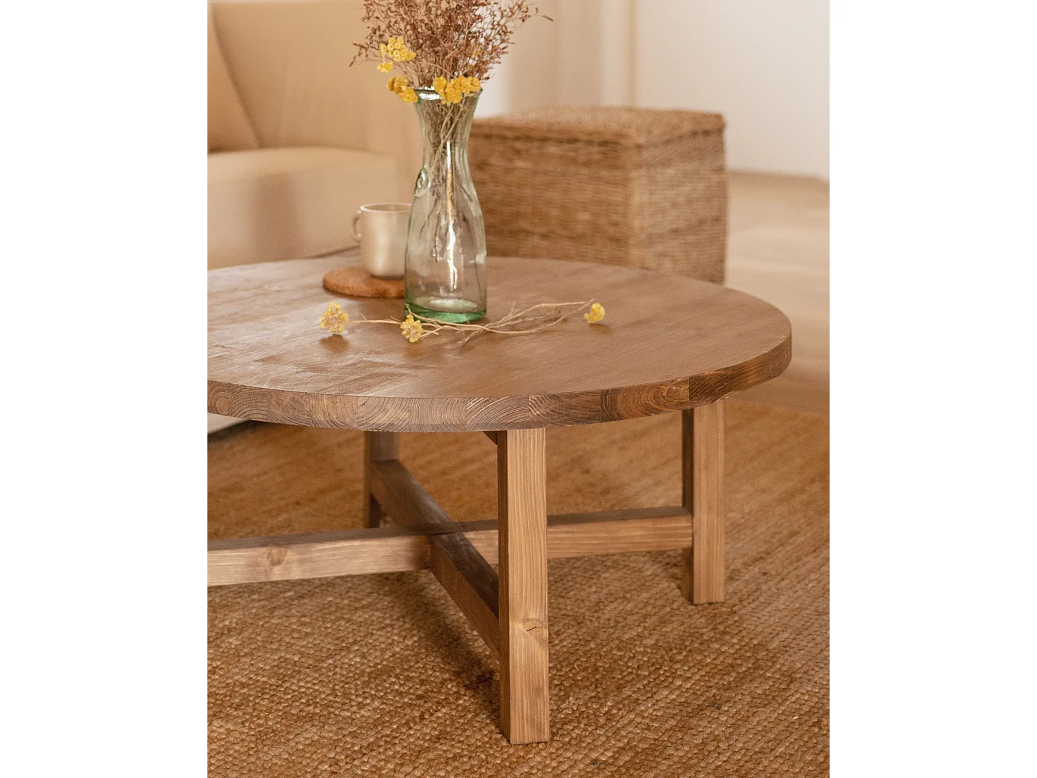 Mesa de centro redonda de madera de abeto Decowood en color roble oscuro de Ø60cm - OLIVIA - DECOWOOD